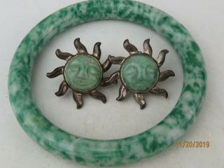 Vintage Chinese Carved Jade Bangle Bracelet & Sterling Silver Jbni Earrings