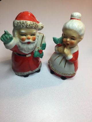 Vintage Standing Mr Mrs Santa Claus Salt And Pepper Shakers Ceramic Christmas