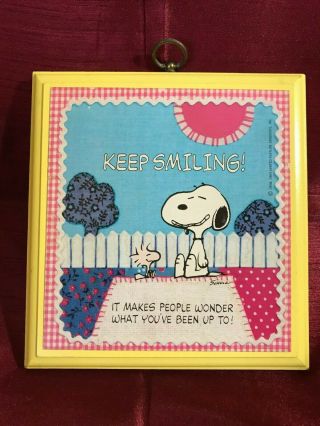 Vintage 1965 Hallmark Plaque Snoopy Woodstock " Keep Smiling " Wall Hanging Sign