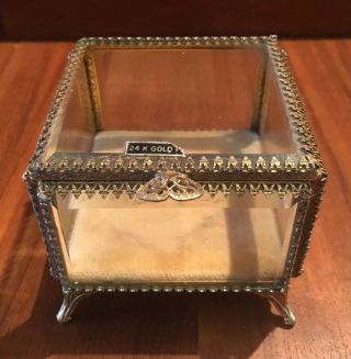 Vintage 24k Gold Plated Filigree Beveled Glass Trinket Box Stylebuilt Frame Co