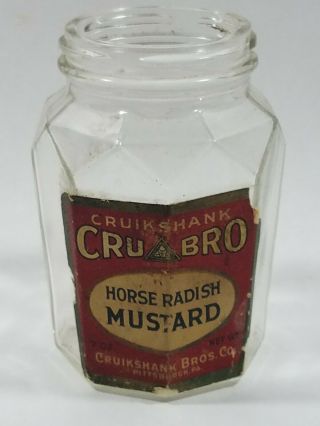 Cruikshank Bros.  Horse Radish Mustard Glass Jar From Pittsburgh,  Pa (not Heinz)
