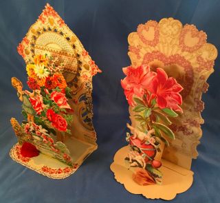 2 Vintage Victorian Valentine Cards,  Die Cut,  Pop Up,  3D,  Honeycomb 3