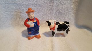 Vintage Farmer With Cow Salt And Pepper Shakers Oci
