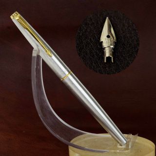 Vintage Parker 45 Flighter Fountain Pen Brushed Metal Barrel 14k Gold Fine Nib