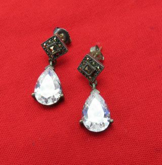 Vintage Sterling Silver Pierced Earrings Clear Crystal Marcasites Art Deco 182m