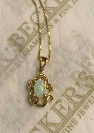 Vintage 14k Yellow Gold Oval 6x4mm Opal Pendant 18 ",  In A Swirl Mounting