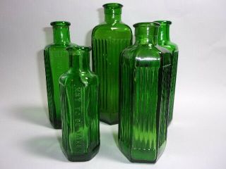 5 Antique Or Vintage Green Glass Poison Bottles