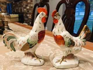 Vintage Czechoslovakian Porcelain/pottery Hand - Painted Rooster And Hen