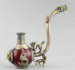 Collect Old Tibet Silver Inlay Agate Carve Dragon & Phenix Precious Tobacco Pipe