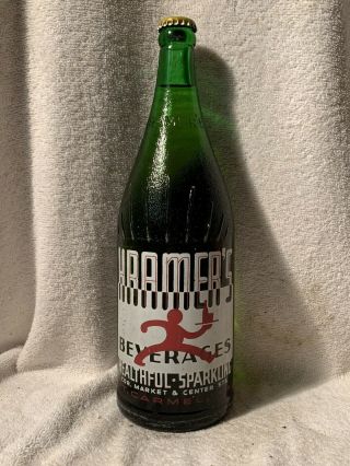 Full 32oz Kramer’s Ginger Ale Acl And Embossed Green Soda Bottle Mt.  Carmel,  Pa