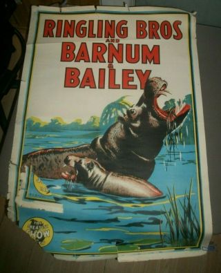 Vtg Ringling Brothers Barnum Bailey Circus Poster Hippo Greatest Show On Earth