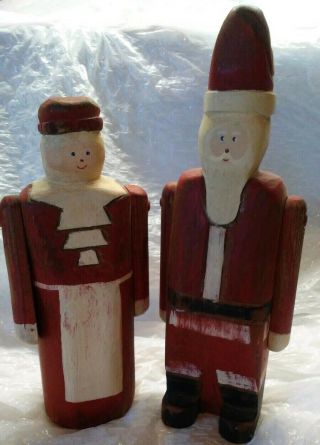 Vtg Karen Rankin Signed Wolf Creek Folk Art Carved Wood Santa & Mrs 10 " & 8 "