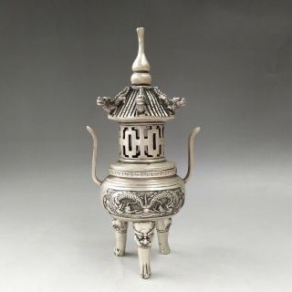 Chinese Tibetan Silver Copper Pure Hand - Carved Dragon Pattern Incense Burner Yr1