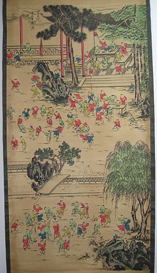Rare Antique Chinese Museum Painting Scroll One Hundred Children By Tangyin唐寅百子图