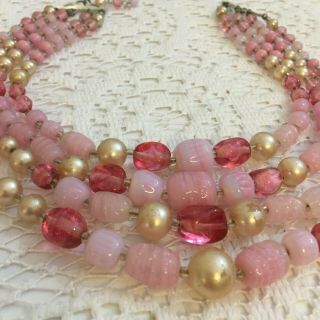 Vintage Pink Art Glass Pearl Bib Necklace Signed Japan 4 Strand Beads 16 "