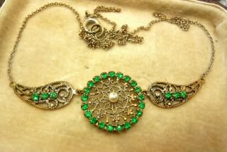 Vintage Jewellery Art Deco Czech Filigree Emerald Green Necklace