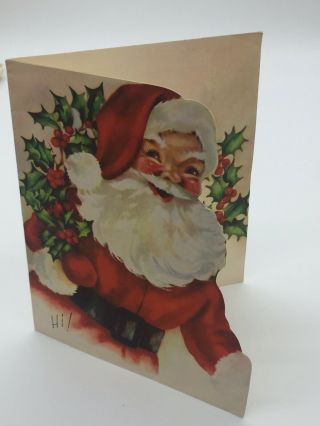 Mid Century Card Christmas Petals Santa Holly Vintage Die Cur 1940’s - 50’s