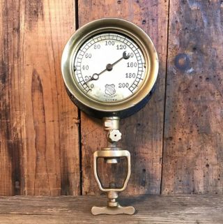 Vintage Large Brass Faced Ashcroft Pressure Gauge With Brass Clamp Attachment
