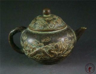 Large Old Chinese Bronze Made Teapot Statue Collectibles Dragon Auspicious Cloud