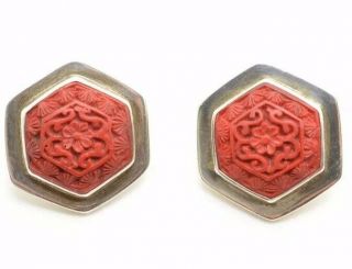 Salem Sterling Silver Chinese Carved Cinnabar Red Earrings Clip On Button Studs