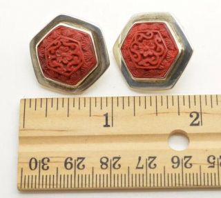 Salem Sterling Silver Chinese Carved Cinnabar Red Earrings Clip On Button Studs 2