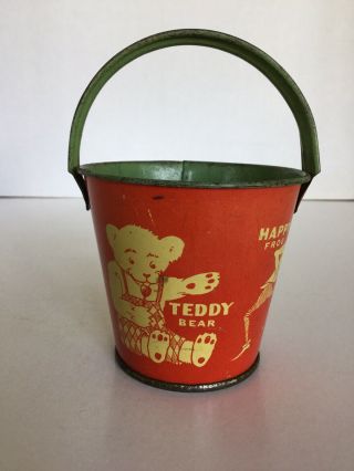 Antique Small Tin Litho Sand Pail,  Teddy Bear,  Happy Frog,  Myrtle Turtle,  Jumbo