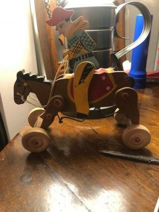 Rare Antique Japan wind up RUN HORSE.  cowboy - wood 2