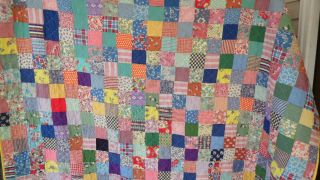 Handcrafted Quilt,  Vintage Top Feed Sack Fabic,  71 1/2 " X 83 " Hand Quilted