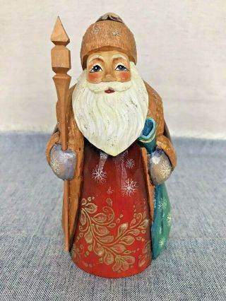 Hand Carved And Painted Russian " Ded Moroz " Red Santa - Signed