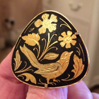 Vintage Japanese Damascene Inlay Floral Bird Design Pin Brooch Jewellery 1930 