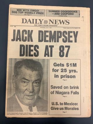 1983 June 1st Daily News Newspaper Jack Dempsey Dies At 87 Pgs 1 - 72