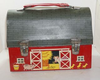 1958 Red Barn Open Doors Metal Dome Lunch Box,  There Is No Thermos