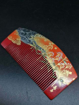 Vintage Japanese Wood Lacquer Geisha Hair Comb Floral Gold Makie
