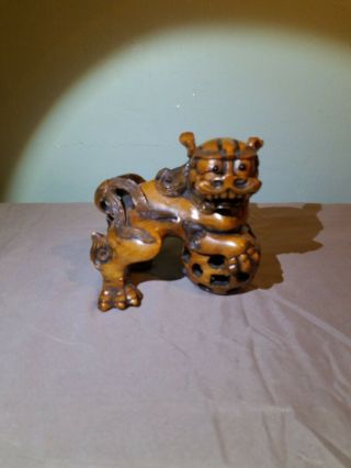 Vintage Hand Carved Chinese Wooden Lion Dog Guardian Figure
