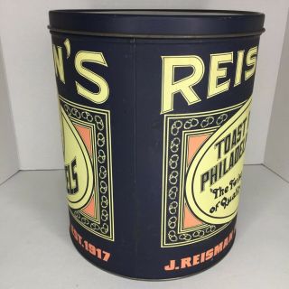 Vintage REISMAN ' S PRETZELS Large Blue Tin Can Lid Toast of Philadelphia Large 3