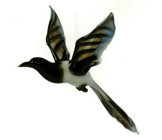 Glass Magpie Statue,  Russian Blown Art Miniature Black Bird Ornament