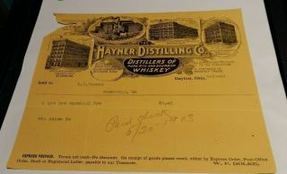 1903 Dayton Ohio Billhead The Hayner Distilling Co Pure Rye Bourbon Whiskey
