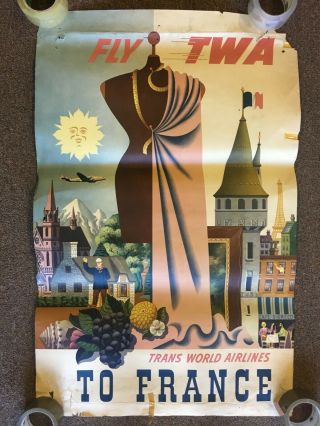 Vintage Travel Poster Fly Twa To France S.  Greco 1960