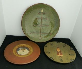 2000signed " Steve Nutt Redware Folk Art Pottery 10 " Dish W/2 Wood Painted Plates
