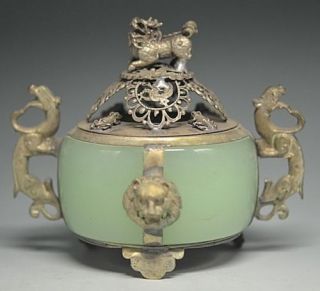 Collectible Chinese Silver Copper Inlaid Jade Dragon Lion Incense Burner