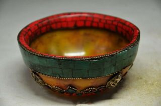 Tibet Buddhism Religion Red Coral Turquoise Beeswax Buddha Bead Offering Bowl Rn