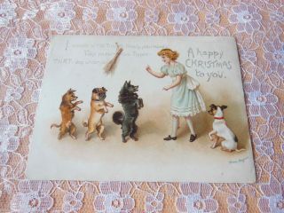 Victorian Christmas Cards/girl Training Three Dogs/raphael Tuck/helena Maguire