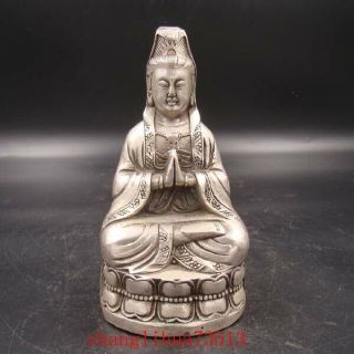 Collectibles Handmade Carving Statue Kwan - Yin Lotus Base Copper Silver