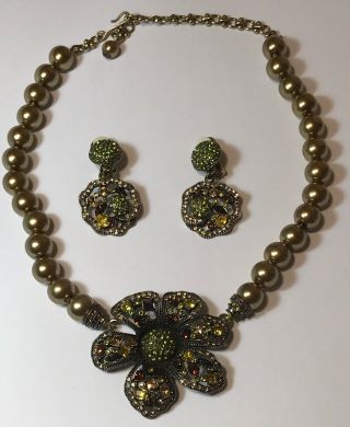 Heidi Daus Flower Olive Green Pearl Necklace Multi Color Flower W/ Clip Earrings