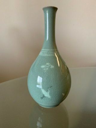 Korean Celadon Porcelain Vase With Flying Cranes And Clouds