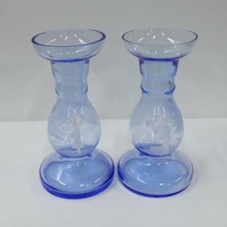 Blue Glass Candlestick Holders Hand Painted Girl & Boy 804