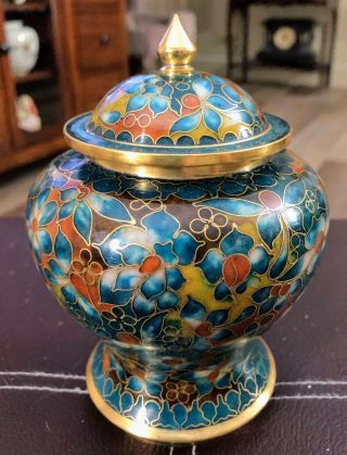 Fine Old Antique Chinese Cloisonne Enamel Over Brass Lidded Ginger Jar Signed
