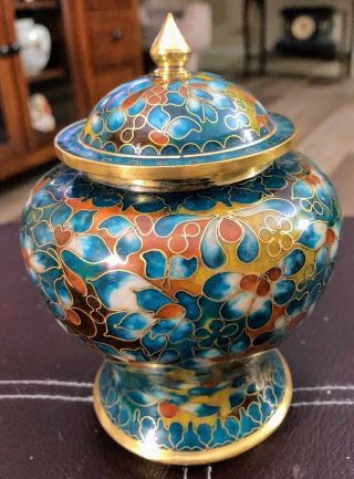 Fine Old Antique Chinese Cloisonne Enamel over Brass Lidded Ginger Jar Signed 2