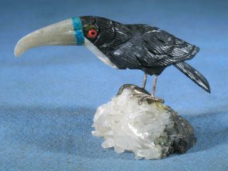 3.  75 " Hand Carved Black Onyx Toucan Bird Sculpture On Crystal Pyrite Stand Peru