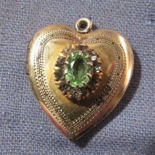 Vintage Gold Filled Heart Locket Pendant With Light Green Stone & Rhinestones